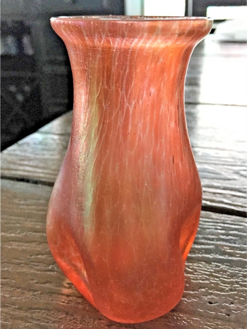 Kralik  Art Nouveau Peach Oil Spot Pinched Art Glass Vase